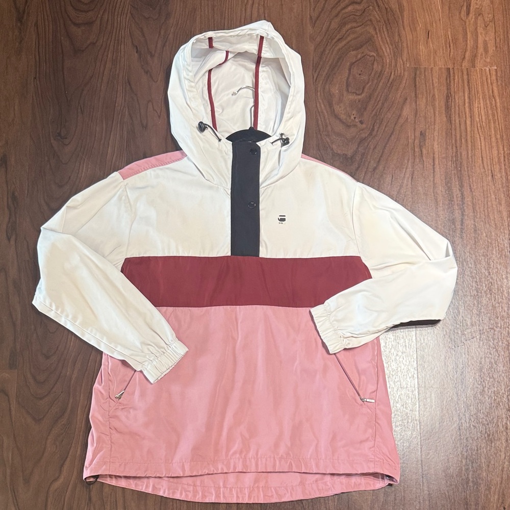 G*STAR RAW Pink Red White Black Colorblock Hooded Windbreaker Jacket SIZE: SMALL